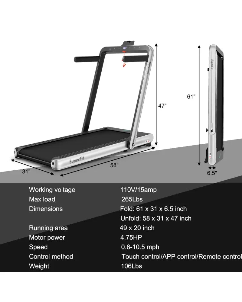 4.75HP 2 In 1 Folding Treadmill with Remote APP Control-Silver - Silver - Treadmills