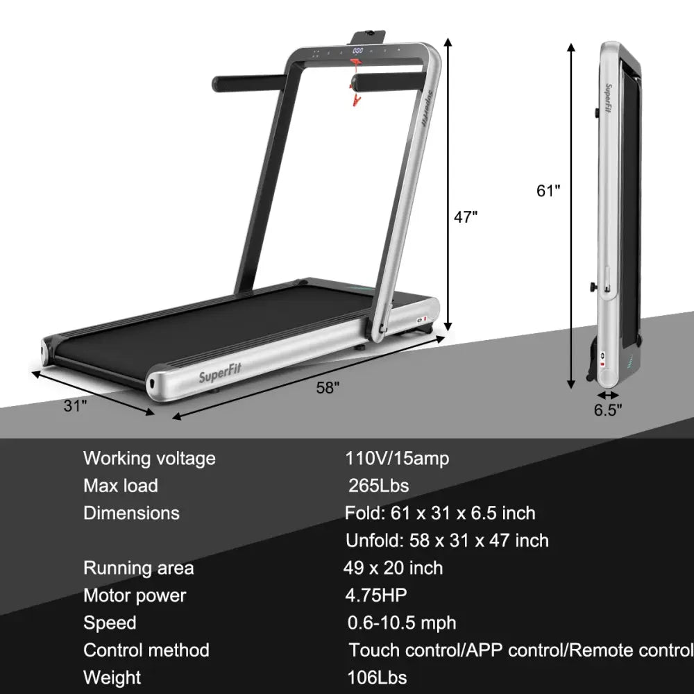 4.75HP 2 In 1 Folding Treadmill with Remote APP Control-Silver - Silver - Treadmills