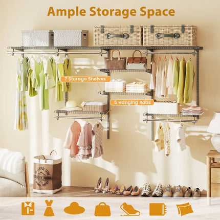 4-8 Feet Closet Organizers and Storage System with Hanging Rod for Laundry Bedroom-Grey Costway
