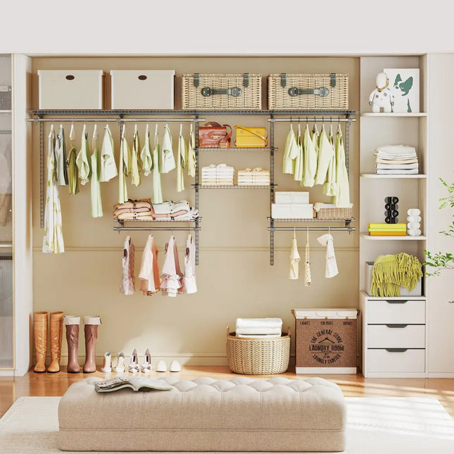 4-8 Feet Closet Organizers and Storage System with Hanging Rod for Laundry Bedroom-Grey Costway