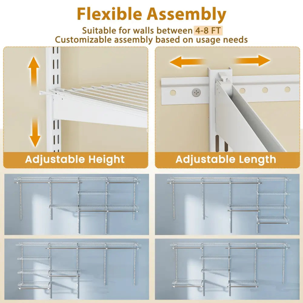 4-8 Feet Closet Organizers and Storage System with Hanging Rod for Laundry Bedroom-White - White - Coat Racks & Hall