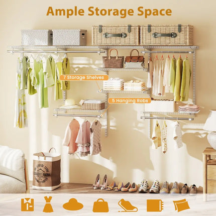 4-8 Feet Closet Organizers and Storage System with Hanging Rod for Laundry Bedroom-White Costway
