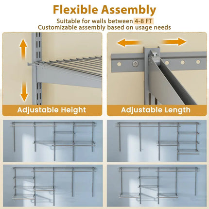 4-8 Feet Closet Organizers and Storage System with Hanging Rod for Laundry Bedroom-Grey Costway