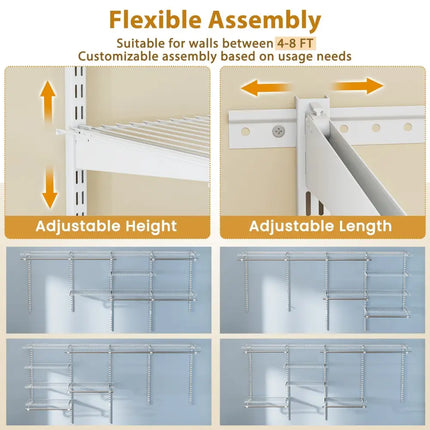 4-8 Feet Closet Organizers and Storage System with Hanging Rod for Laundry Bedroom-White Costway