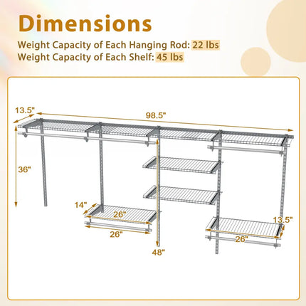 4-8 Feet Closet Organizers and Storage System with Hanging Rod for Laundry Bedroom-Grey Costway