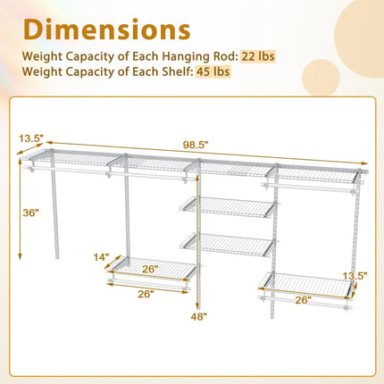 4-8 Feet Closet Organizers and Storage System with Hanging Rod for Laundry Bedroom-White Costway
