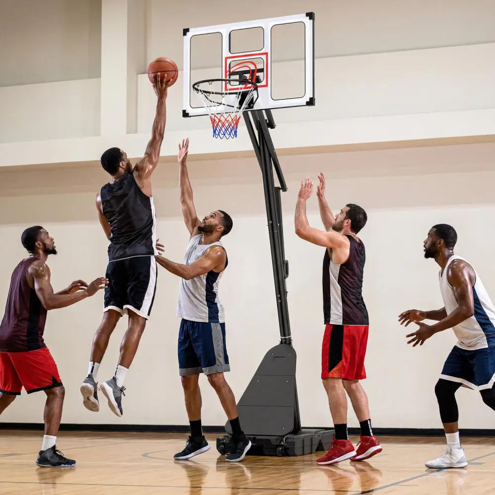 4.9-10 Feet Portable Basketball Hoop 10 Levels Adjustable with Fillable Base and Ball Storage - Black & White - Sport