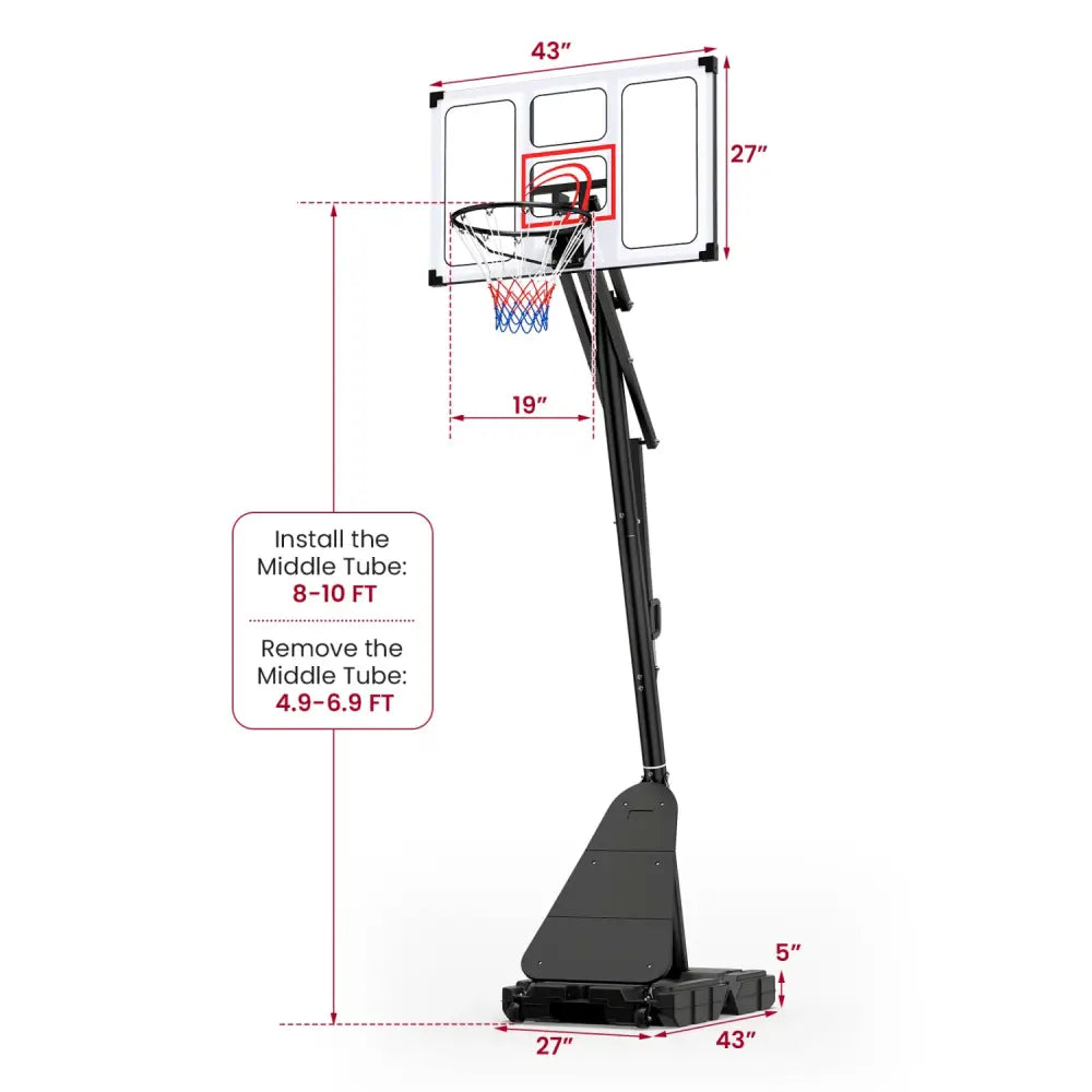 4.9-10 Feet Portable Basketball Hoop 10 Levels Adjustable with Fillable Base and Ball Storage - Black & White - Sport