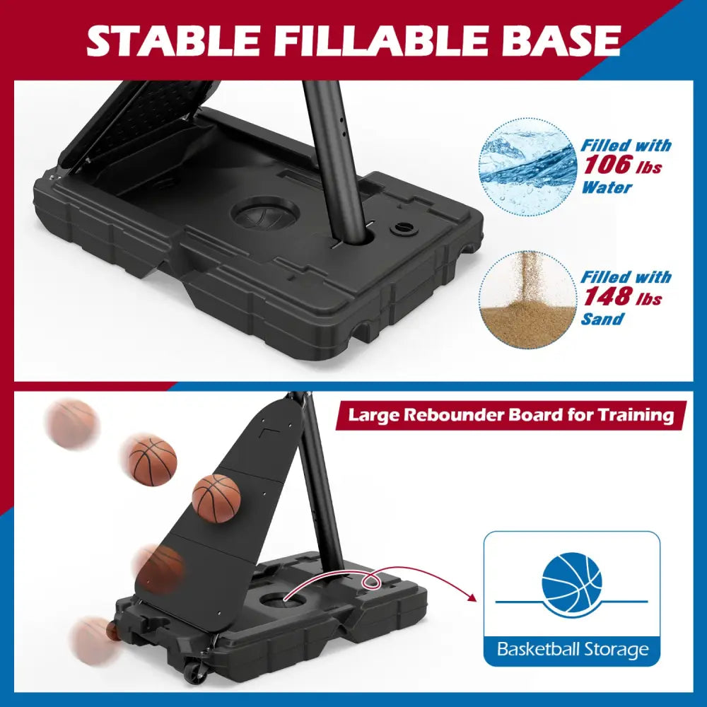 4.9-10 Feet Portable Basketball Hoop 10 Levels Adjustable with Fillable Base and Ball Storage - Black & White - Sport