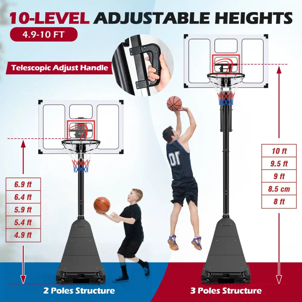 4.9-10 Feet Portable Basketball Hoop 10 Levels Adjustable with Fillable Base and Ball Storage - Black & White - Sport
