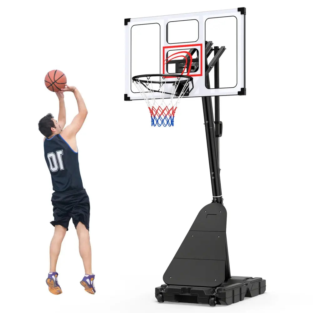 4.9-10 Feet Portable Basketball Hoop 10 Levels Adjustable with Fillable Base and Ball Storage - Black & White - Sport