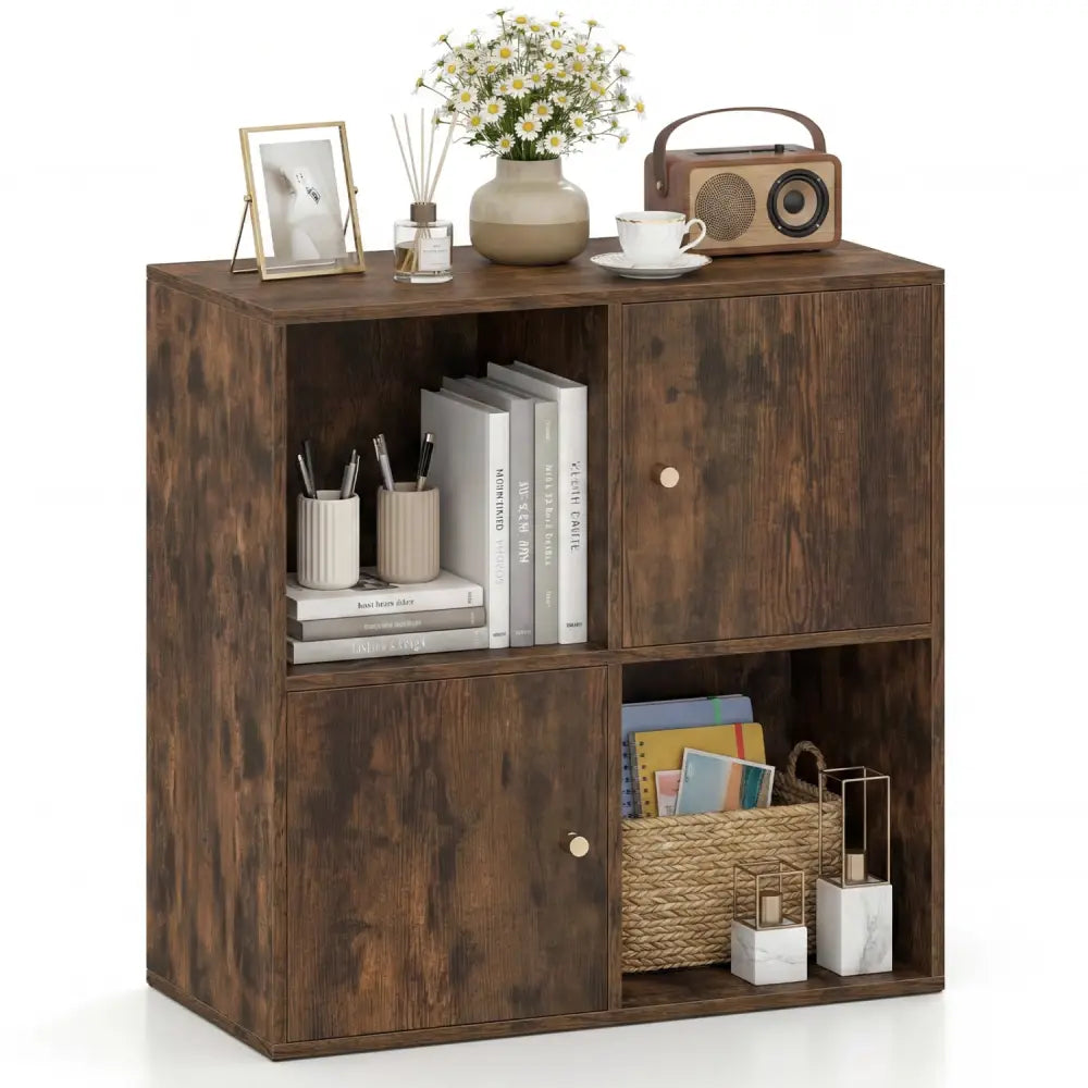4-Cube Bookcase 3-Tier Bookshelf with Dual Anti-Tipping Kits and 2 Cabinets-Brown - Brown - Bookcases