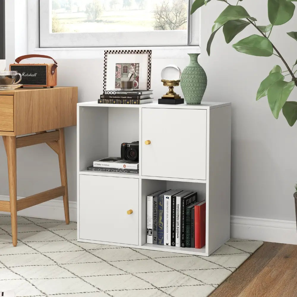 4-Cube Bookcase 3-Tier Bookshelf with Dual Anti-Tipping Kits and 2 Cabinets-White - White - Bookcases