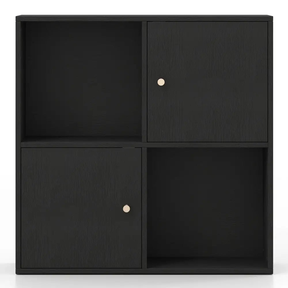 4-Cube Bookcase 3-Tier Bookshelf with Dual Anti-Tipping Kits and 2 Cabinets-Black - Black - Bookcases