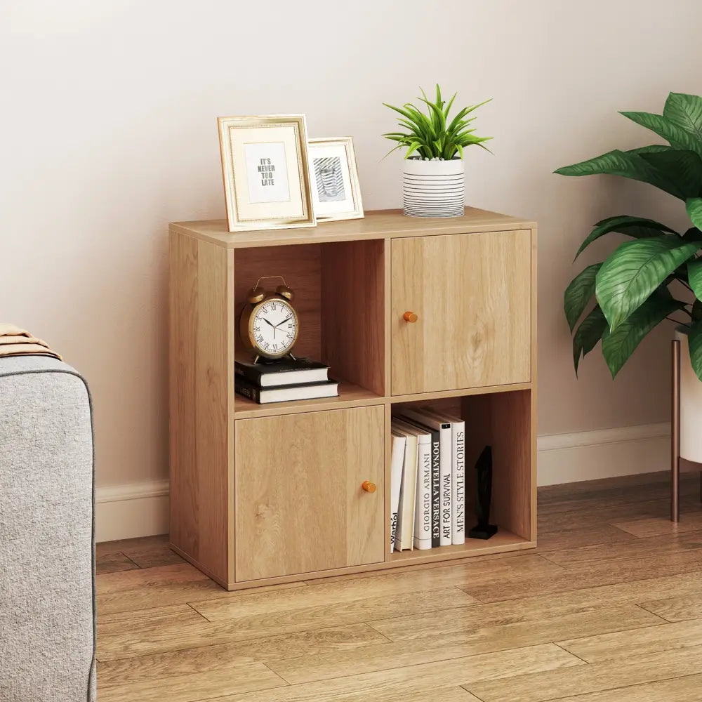 4-Cube Bookcase 3-Tier Bookshelf with Dual Anti-Tipping Kits and 2 Cabinets-Natural - Natural - Bookcases
