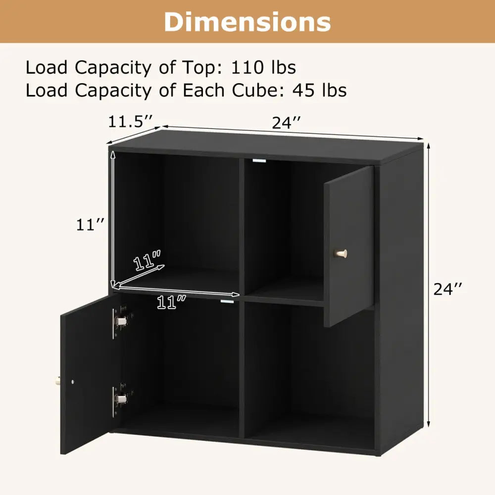 4-Cube Bookcase 3-Tier Bookshelf with Dual Anti-Tipping Kits and 2 Cabinets-Black - Black - Bookcases