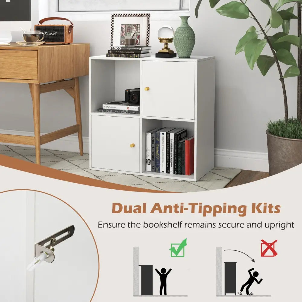 4-Cube Bookcase 3-Tier Bookshelf with Dual Anti-Tipping Kits and 2 Cabinets-White - White - Bookcases