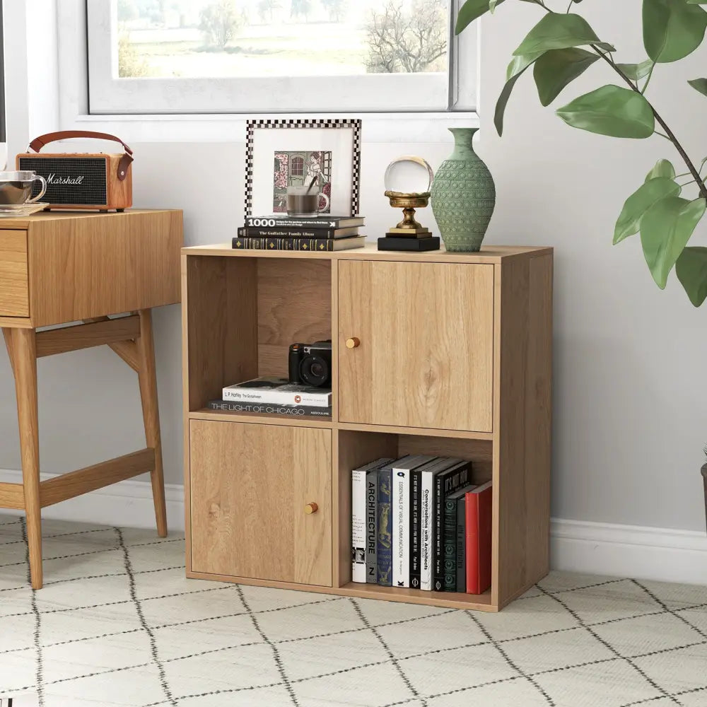 4-Cube Bookcase 3-Tier Bookshelf with Dual Anti-Tipping Kits and 2 Cabinets-Natural - Natural - Bookcases
