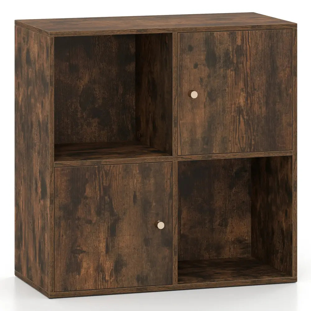 4-Cube Bookcase 3-Tier Bookshelf with Dual Anti-Tipping Kits and 2 Cabinets-Brown - Brown - Bookcases