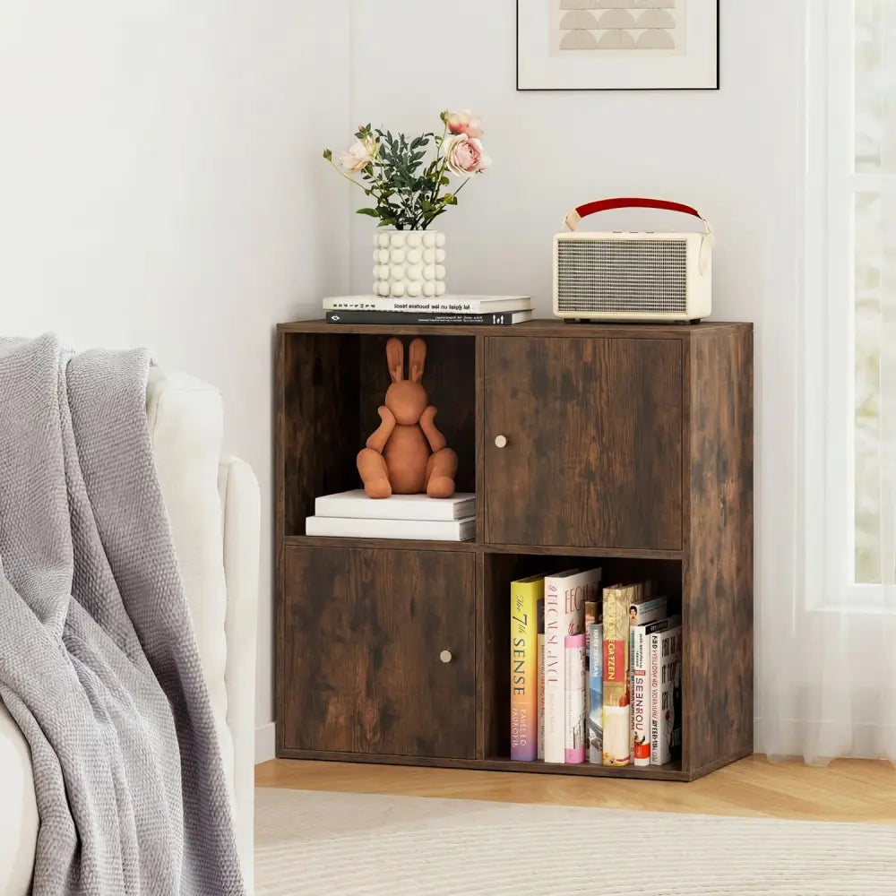 4-Cube Bookcase 3-Tier Bookshelf with Dual Anti-Tipping Kits and 2 Cabinets-Brown - Brown - Bookcases