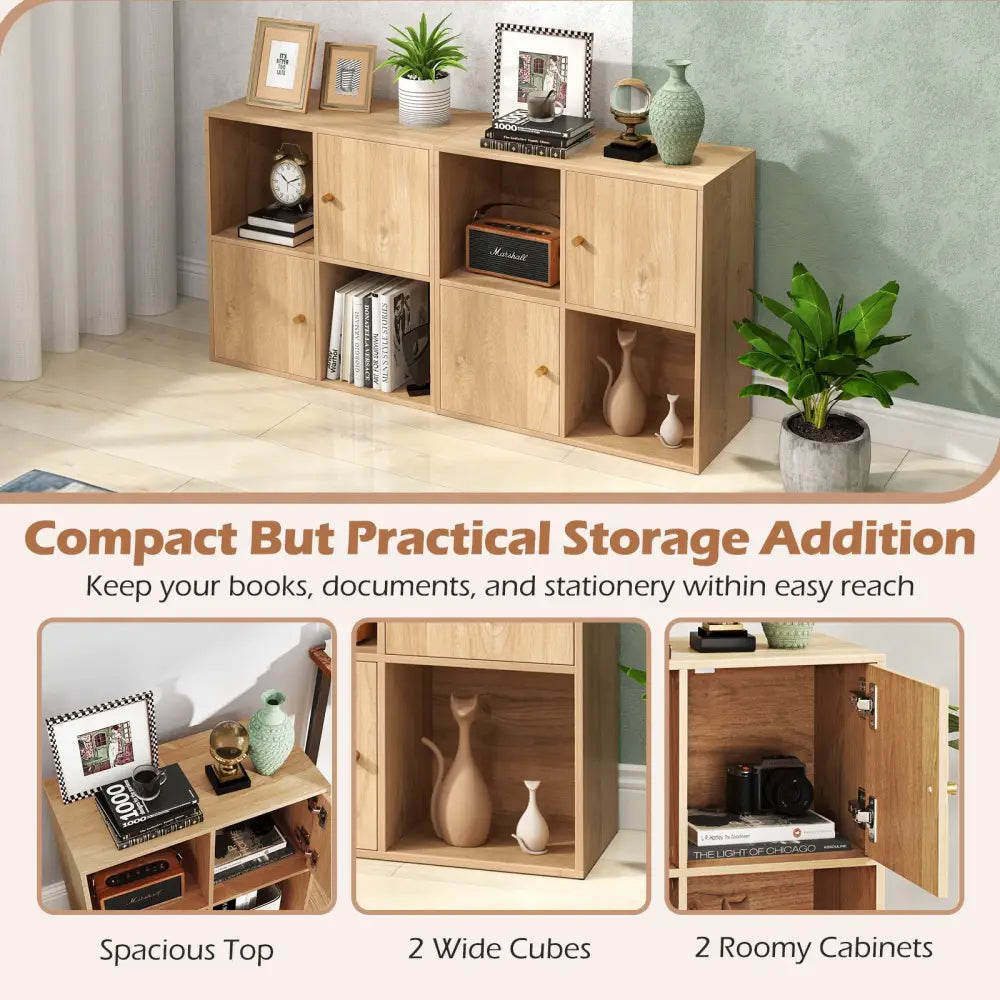 4-Cube Bookcase 3-Tier Bookshelf with Dual Anti-Tipping Kits and 2 Cabinets-Natural - Natural - Bookcases
