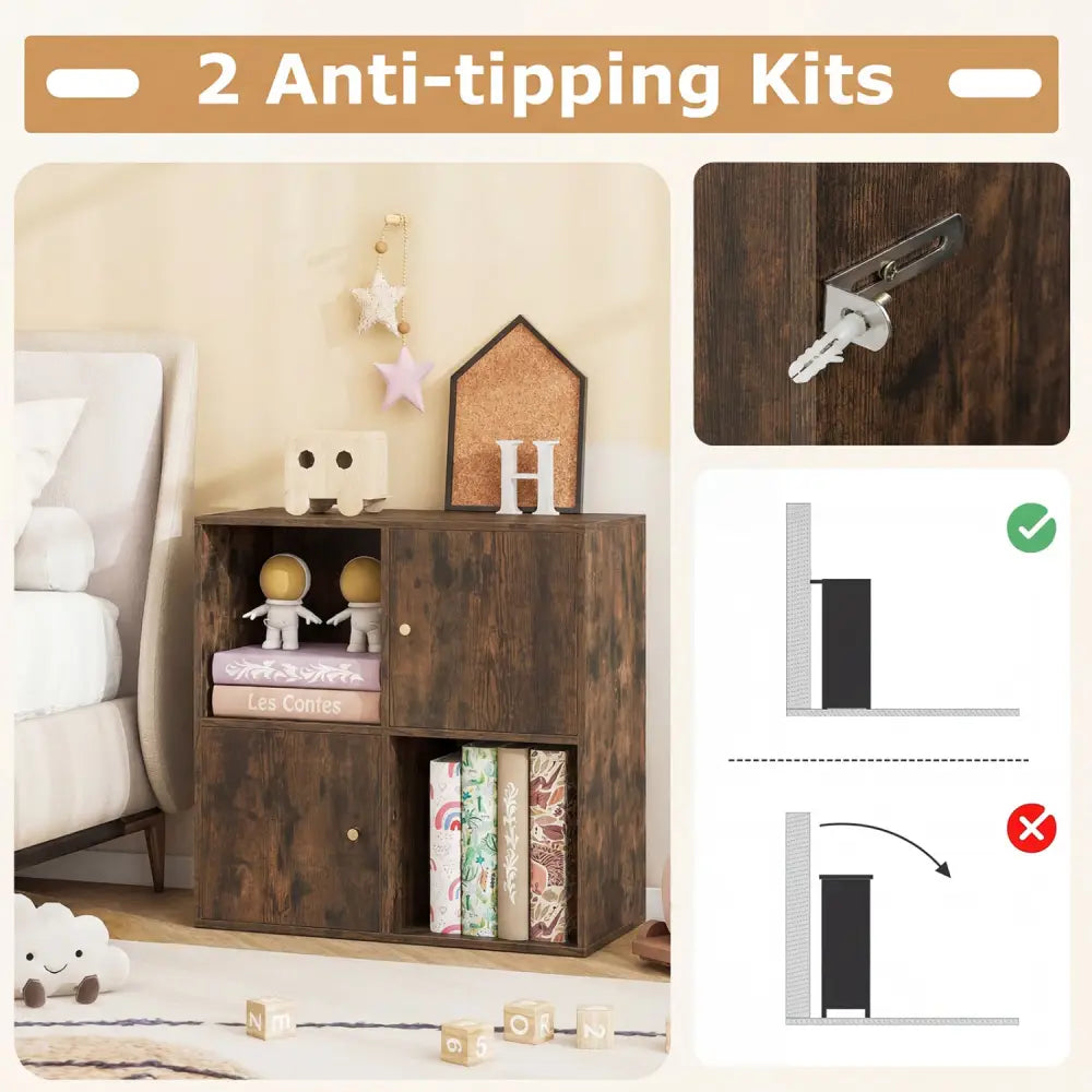 4-Cube Bookcase 3-Tier Bookshelf with Dual Anti-Tipping Kits and 2 Cabinets-Brown - Brown - Bookcases