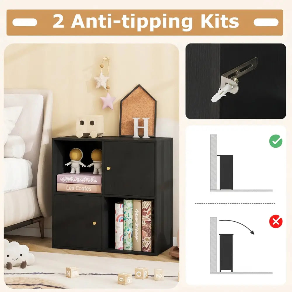 4-Cube Bookcase 3-Tier Bookshelf with Dual Anti-Tipping Kits and 2 Cabinets-Black - Black - Bookcases
