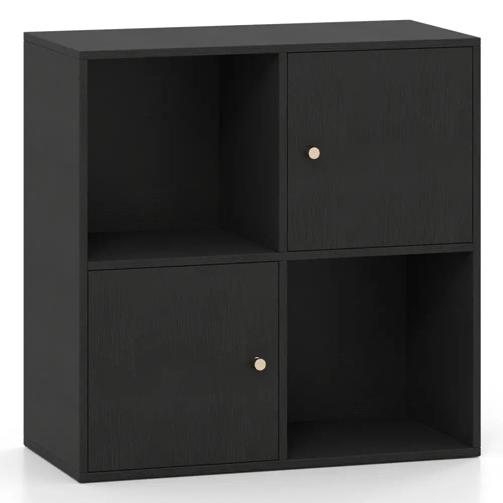 4-Cube Bookcase 3-Tier Bookshelf with Dual Anti-Tipping Kits and 2 Cabinets-Black - Black - Bookcases