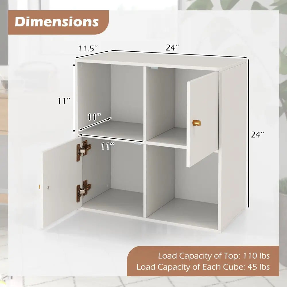 4-Cube Bookcase 3-Tier Bookshelf with Dual Anti-Tipping Kits and 2 Cabinets-White - White - Bookcases