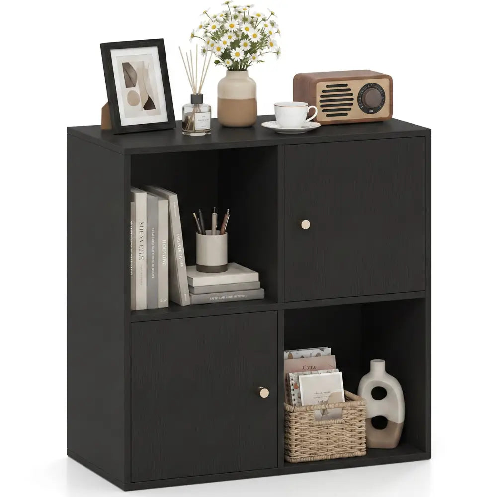 4-Cube Bookcase 3-Tier Bookshelf with Dual Anti-Tipping Kits and 2 Cabinets-Black - Black - Bookcases