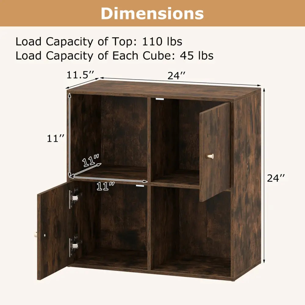 4-Cube Bookcase 3-Tier Bookshelf with Dual Anti-Tipping Kits and 2 Cabinets-Brown - Brown - Bookcases
