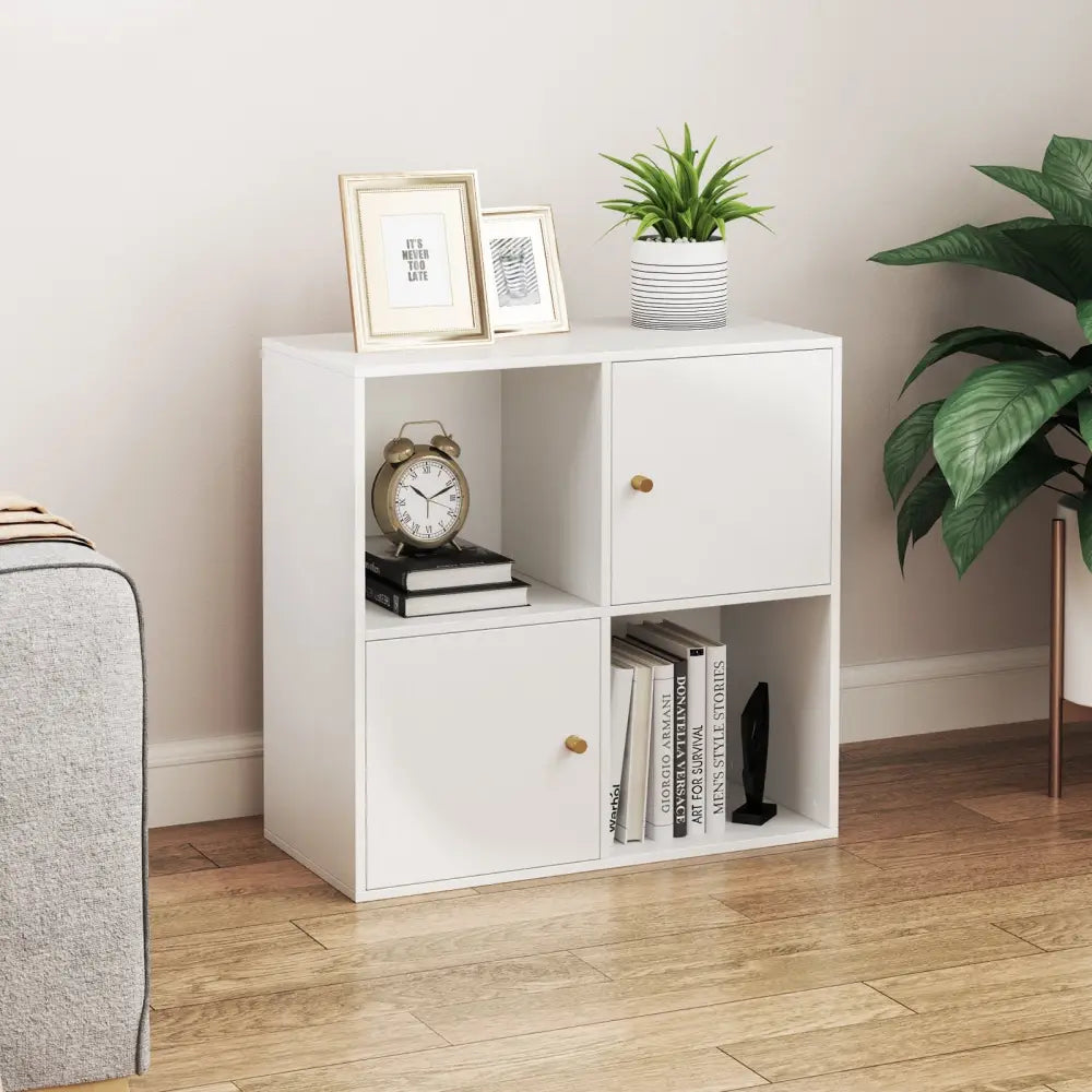 4-Cube Bookcase 3-Tier Bookshelf with Dual Anti-Tipping Kits and 2 Cabinets-White - White - Bookcases