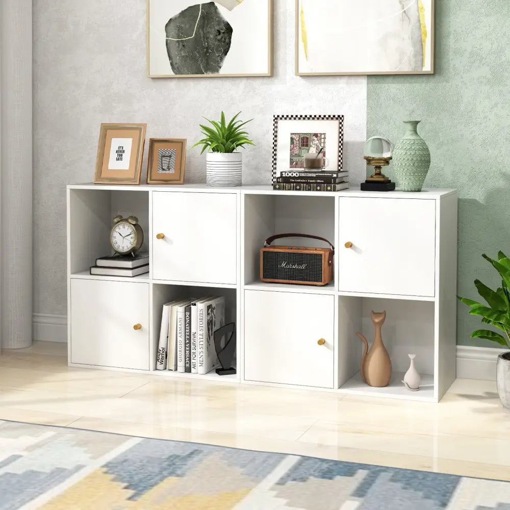4-Cube Bookcase 3-Tier Bookshelf with Dual Anti-Tipping Kits and 2 Cabinets-White - White - Bookcases