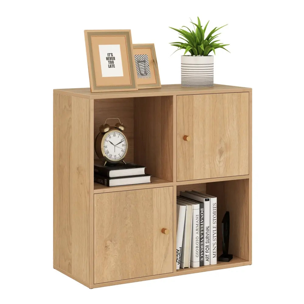 4-Cube Bookcase 3-Tier Bookshelf with Dual Anti-Tipping Kits and 2 Cabinets-Natural - Natural - Bookcases