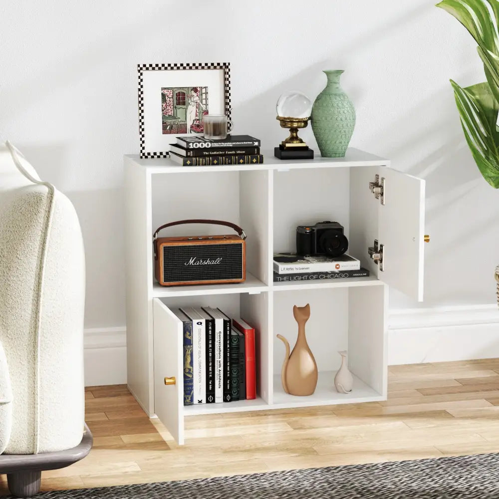 4-Cube Bookcase 3-Tier Bookshelf with Dual Anti-Tipping Kits and 2 Cabinets-White - White - Bookcases