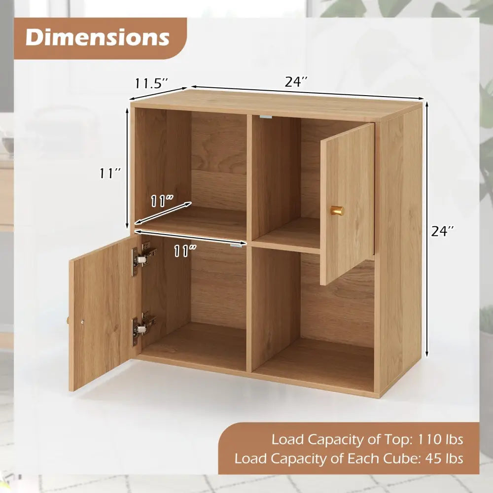4-Cube Bookcase 3-Tier Bookshelf with Dual Anti-Tipping Kits and 2 Cabinets-Natural - Natural - Bookcases