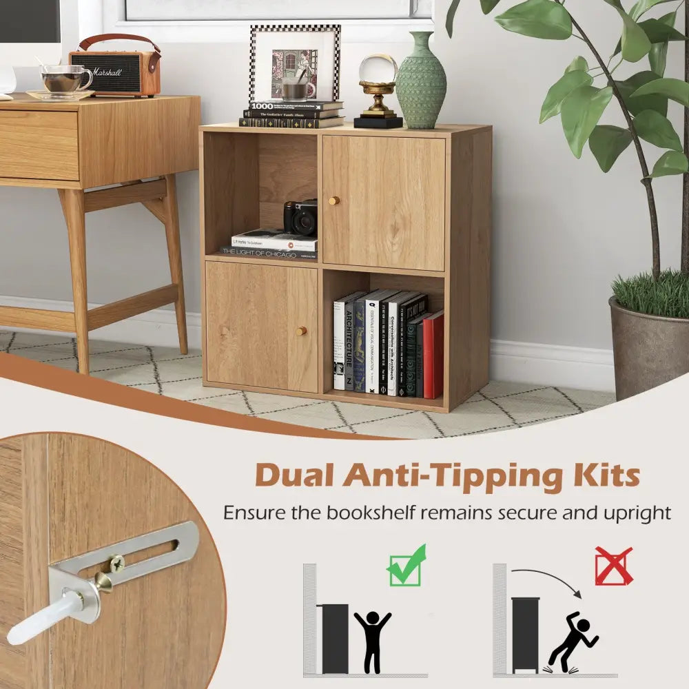 4-Cube Bookcase 3-Tier Bookshelf with Dual Anti-Tipping Kits and 2 Cabinets-Natural - Natural - Bookcases