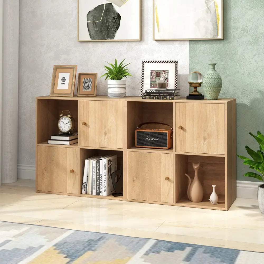 4-Cube Bookcase 3-Tier Bookshelf with Dual Anti-Tipping Kits and 2 Cabinets-Natural - Natural - Bookcases