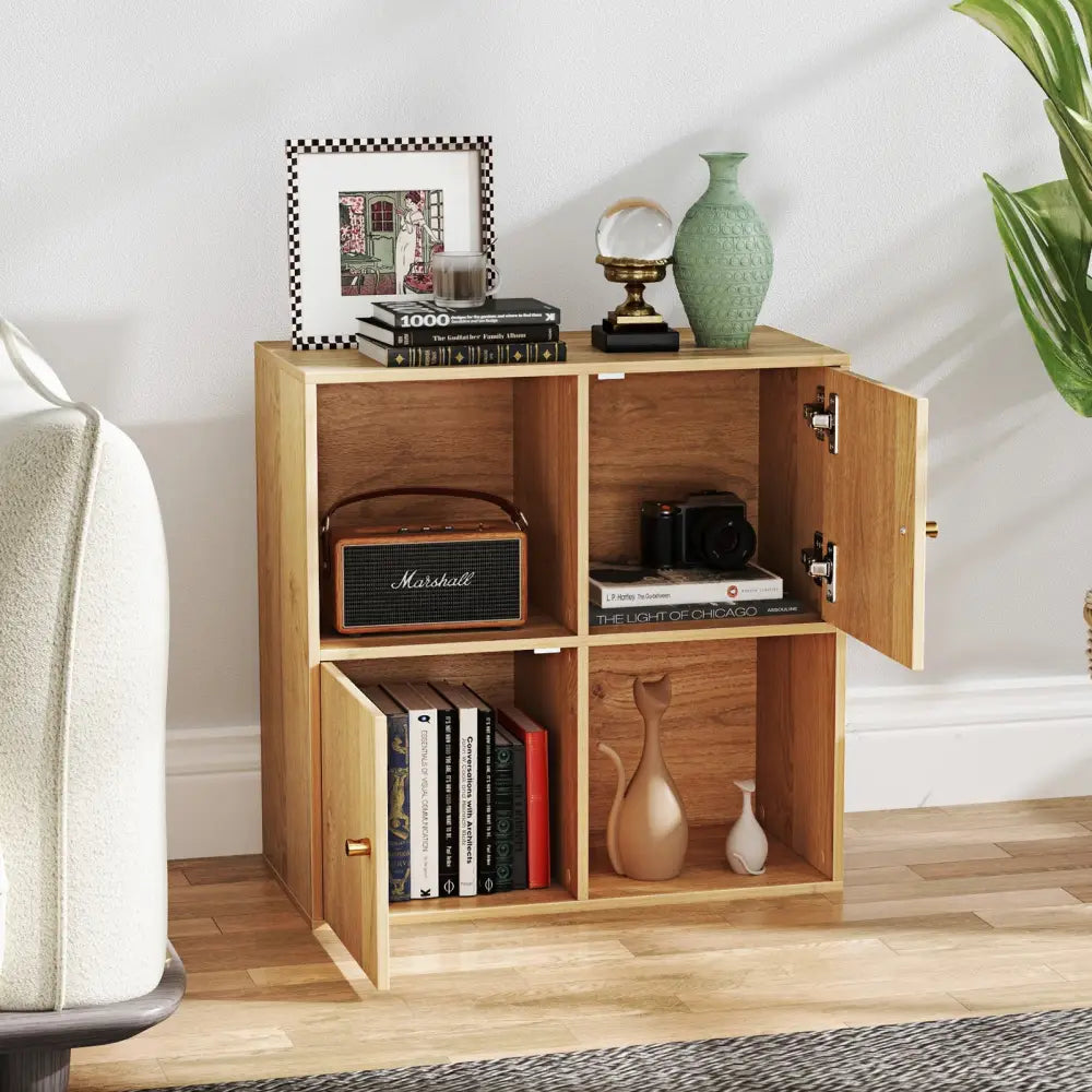 4-Cube Bookcase 3-Tier Bookshelf with Dual Anti-Tipping Kits and 2 Cabinets-Natural - Natural - Bookcases