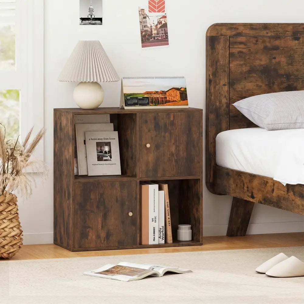 4-Cube Bookcase 3-Tier Bookshelf with Dual Anti-Tipping Kits and 2 Cabinets-Brown - Brown - Bookcases