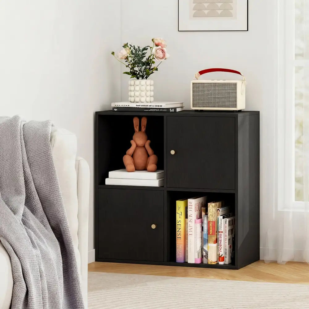 4-Cube Bookcase 3-Tier Bookshelf with Dual Anti-Tipping Kits and 2 Cabinets-Black - Black - Bookcases
