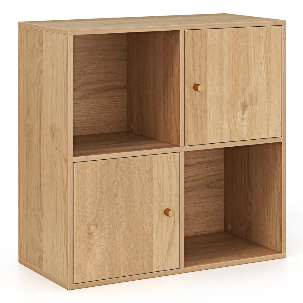 4-Cube Bookcase 3-Tier Bookshelf with Dual Anti-Tipping Kits and 2 Cabinets-Natural - Natural - Bookcases