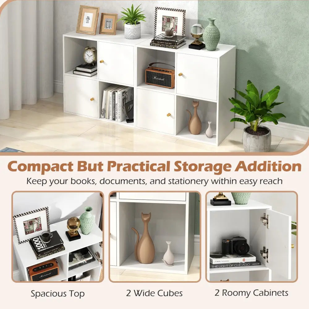 4-Cube Bookcase 3-Tier Bookshelf with Dual Anti-Tipping Kits and 2 Cabinets-White - White - Bookcases