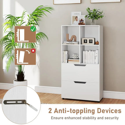 4-Cube Bookcase with 2 Drawers 51 inch 5-Tier Tall Freestanding Bookshelf-White Costway