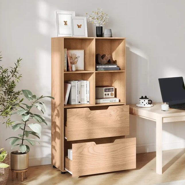 4-Cube Bookcase with 2 Drawers 51 inch 5-Tier Tall Freestanding Bookshelf-Natural Costway