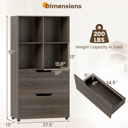 4-Cube Bookcase with 2 Drawers 51 inch 5-Tier Tall Freestanding Bookshelf-Gray Costway