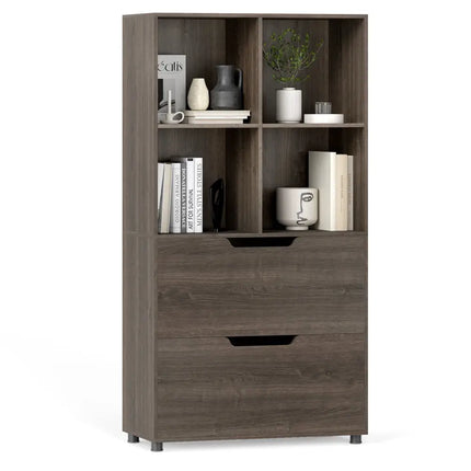 4-Cube Bookcase with 2 Drawers 51 inch 5-Tier Tall Freestanding Bookshelf-Gray Costway