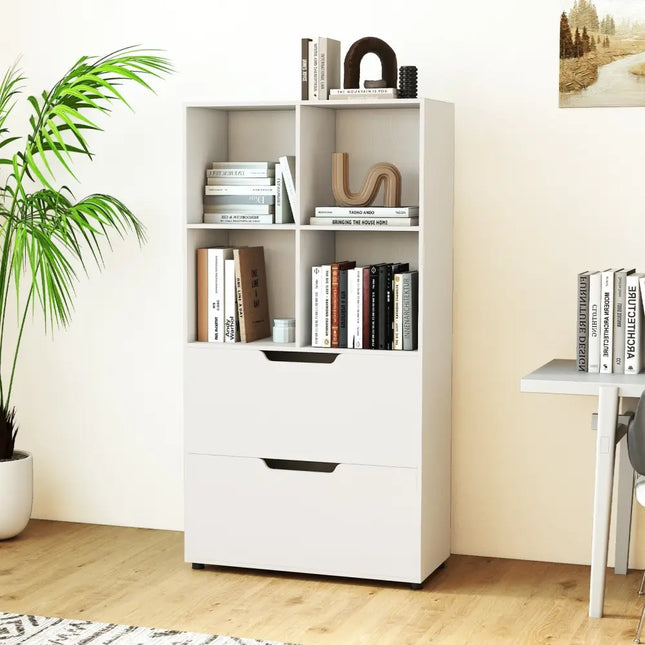 4-Cube Bookcase with 2 Drawers 51 inch 5-Tier Tall Freestanding Bookshelf-White Costway