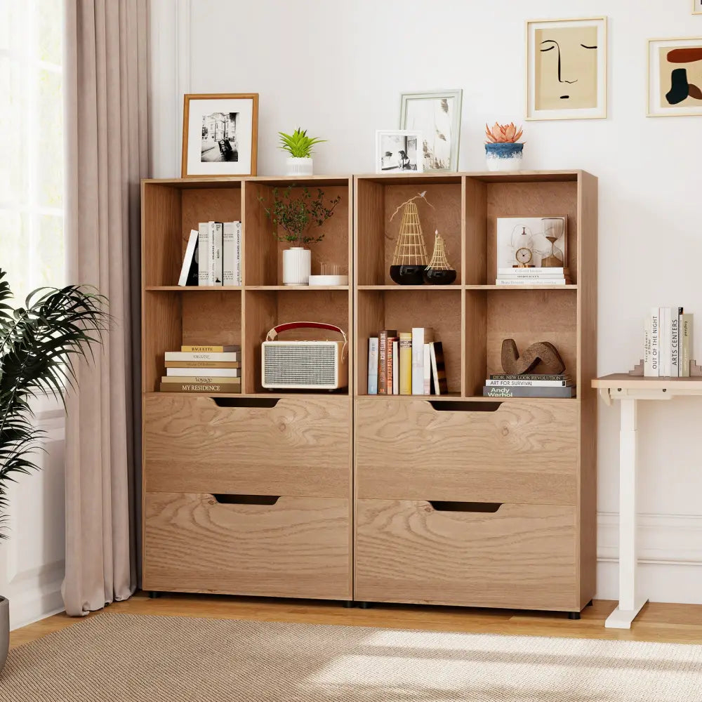 4-Cube Bookcase with 2 Drawers 51 inch 5-Tier Tall Freestanding Bookshelf-Natural - Natural - Bookcases
