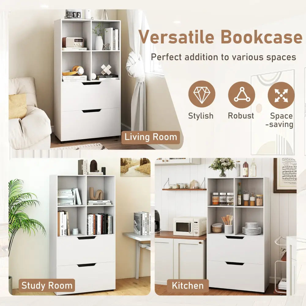 4-Cube Bookcase with 2 Drawers 51 inch 5-Tier Tall Freestanding Bookshelf-White - White - Bookcases